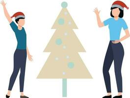 un chico y un niña son decorando un Navidad árbol. vector