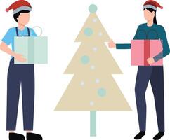 Boy and girl standing near Christmas tree with presents. vector