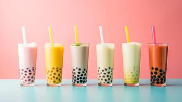 Row of assorted bubble tea with boba, photo