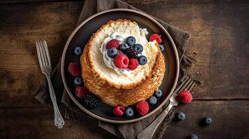 Angel food cake garnished with berries on a rustic background, photo