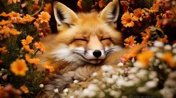 Red fox peacefully sleeping in a bed of flowers, photo