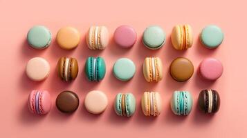 surtido de macarons en contra un pastel fondo, ai generado foto