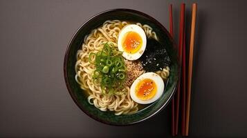 Traditional Japanese ramen noodles with a flavored egg and nori, AI generated photo