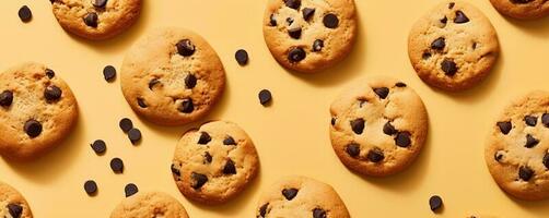 chocolate chip galletas en un pastel amarillo fondo, ai generado foto