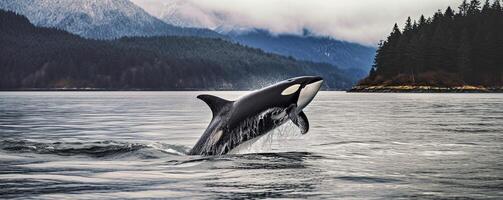 Killer whale breaching out of water, photo