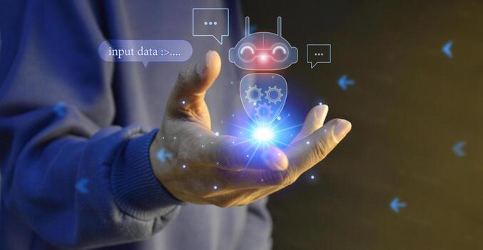 Businessman using robot ai in smartphone intelligence Ai.Chat bot with AI Artificial Intelligence, developed by OpenAI generate. Futuristic technology, robot in online system. photo