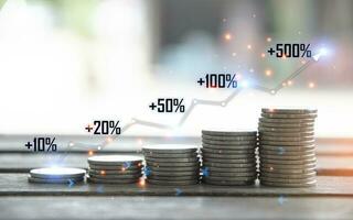 Business finance and investment concept, Capital gain world money economic growth. coin stack financial graph chart, market report on cash currency concept photo