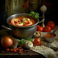 a bowl of shrimp and seafood soup with tomatoes photo