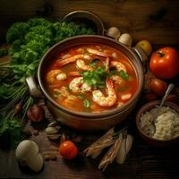 a bowl of shrimp and seafood soup with tomatoes photo