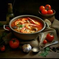 a bowl of shrimp and seafood soup with tomatoes photo