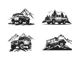 Extreme off road vehicle in forest of mountains logo Icons set vector