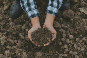 Male hands touching soil on the field. A farmer checks quality of soil before sowing. Agriculture, gardening or ecology concept. photo