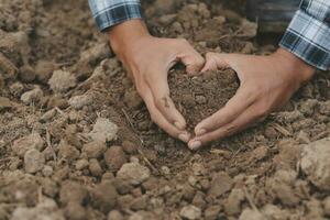 Male hands touching soil on the field. A farmer checks quality of soil before sowing. Agriculture, gardening or ecology concept. photo