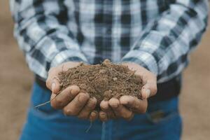 Male hands touching soil on the field. A farmer checks quality of soil before sowing. Agriculture, gardening or ecology concept. photo