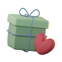 3D Render Illustration of green gift box and pink heart. Cartoon Style. Donation concept png