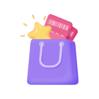 compras bolsas cheio do vouchers para oferta clientes especial descontos. 3d ilustração. png