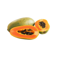 whole and half of ripe papaya fruit isolated on transparent background. ai generated png