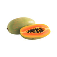 whole and half of ripe papaya fruit isolated on transparent background. ai generated png