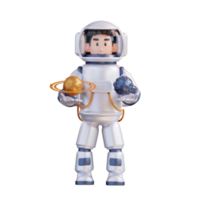 3d illustration av astronaut innehav måne och saturn png