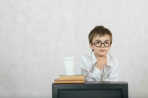 Boy and an old TV. Free space for a text. photo