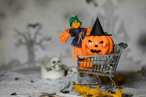 Witch and orange pumpkin in black hat in the small shopping cart. Closeup photo