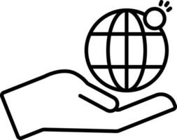 Hand Holding Globe With Coin Icon In Black Outline. vector