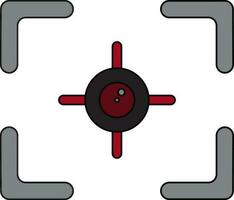 Black line art illustration of a red and black camera focus in grey frame. vector