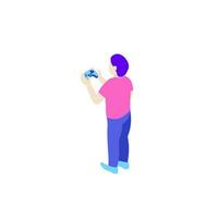 Character of a man holding game controller in standing pose. vector