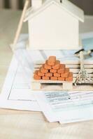 Red bricks for construction, mini rakes and sweeper on a small wooden pallet. photo