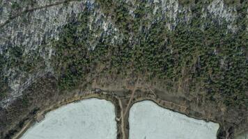 Birds eye view on rare planted trees in the park and frozen lakes. photo