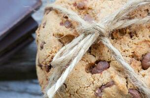 Homemade cookies with chocolate chips. Closeup photo