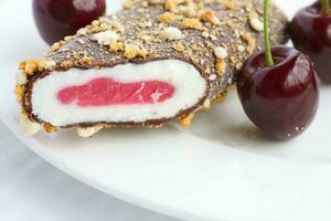 Cherry ice cream. Closeup photo