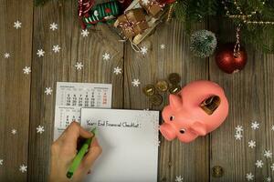 Sheet of paper - Year-End Financial Checklist on a new year's background. photo