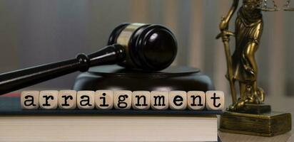 Word ARRAIGNMENT composed of wooden dices. Wooden gavel and statue of Themis in the background. photo