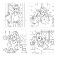 Beautiful Girl Doing Activities Children Coloring Page vector