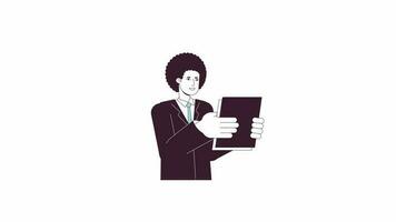 White collar worker animation. Animated cartoon office man holding paperwork. Isolated colour flat line 2D character 4K video footage, white background, alpha channel transparency for web design