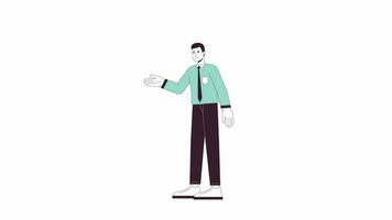 Salesperson presenting animation. Animated cartoon confident salesman pointing. Isolated colour flat line 2D character 4K video footage, white background, alpha channel transparency for web design