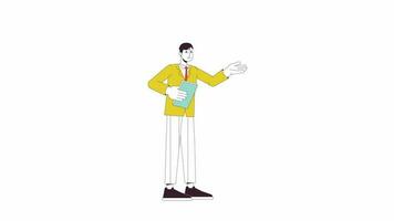 Manager with papers animation. Animated cartoon office man with business report. Isolated colour flat line 2D character 4K video footage, white background, alpha channel transparency for web design