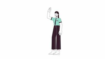 Office lady high fiving animation. Animated cartoon female happy employee. Isolated colour flat line 2D character 4K video footage, white background, alpha channel transparency for web design