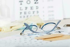 Eyeglasses for children on a eye chart close to eye pads. photo