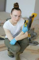 Young lady deals with wooden plinth photo