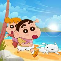Cute Boy Running Carrying His Little Sister at The Beach vector