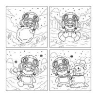 Cute Little Penguin Play in the Snow Coloring Pages vector