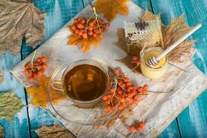 Glass cup with rowan berries, honey and honeycomb on a sackcloth. photo