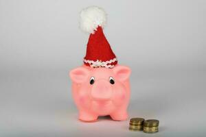 Pink piglet in a Santa Claus hat. photo