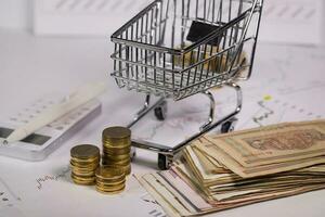 Small shopping cart on stock market charts. photo