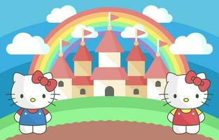 dos pequeño gatos con su arco iris castillo vector