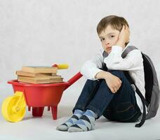 Schoolboy pushes plastic wheelbarrow full of books. Free space for a text. photo