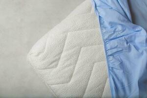 Blue fitted sheet on a mattress. photo