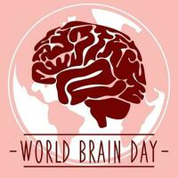 Postcard for World Brain Day, vector illustration with a cute brain in cartoon style on the background of the earth. July 22 and the bright burgundy silhouette of the human brain. Medicine, health